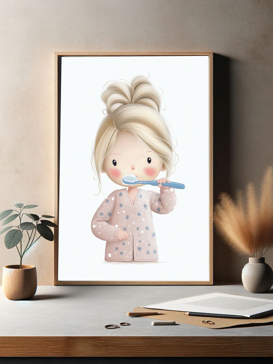 Blonde Girl Brushing Teeth Illustration Poster. — room view 2