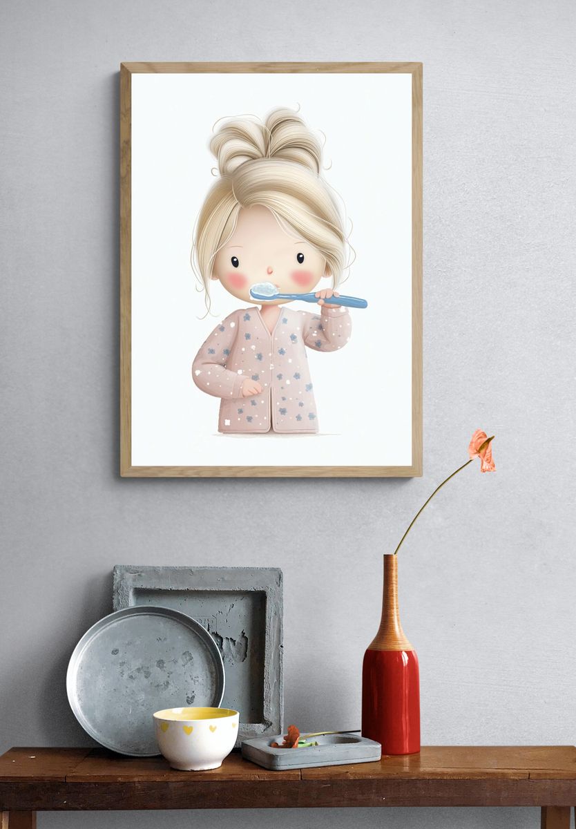 Blonde Girl Brushing Teeth Illustration Poster. — room view 3