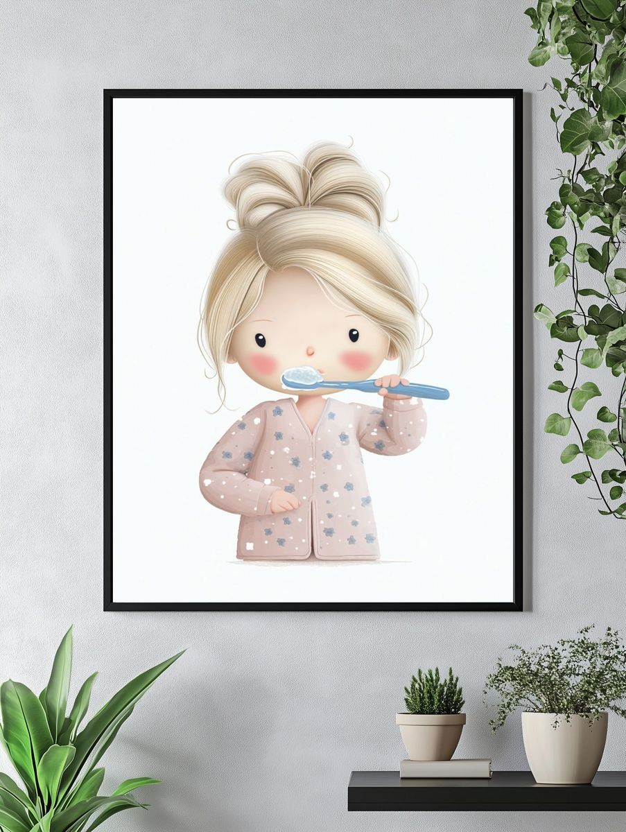 Blonde Girl Brushing Teeth Illustration Poster. — room view 4