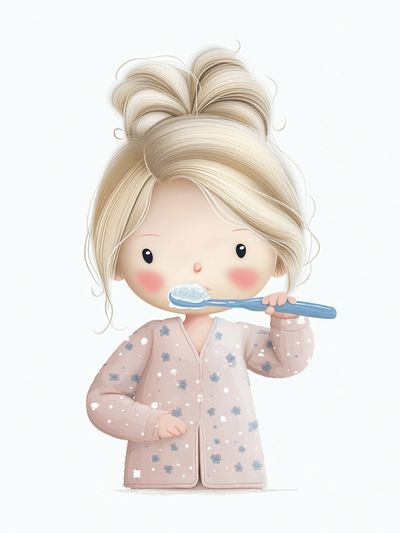 Blonde Girl Brushing Teeth Illustration Poster.