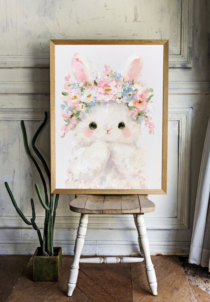 Floral Bunny Portrait Print. room preview