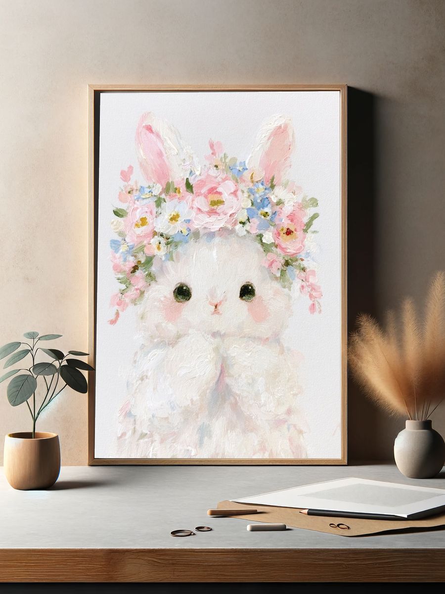 Floral Bunny Portrait Print. — room view 2