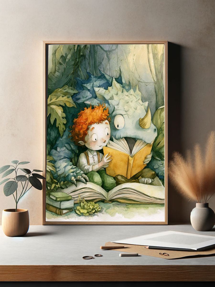 Boy and Dragon Reading Poster. — room view 2