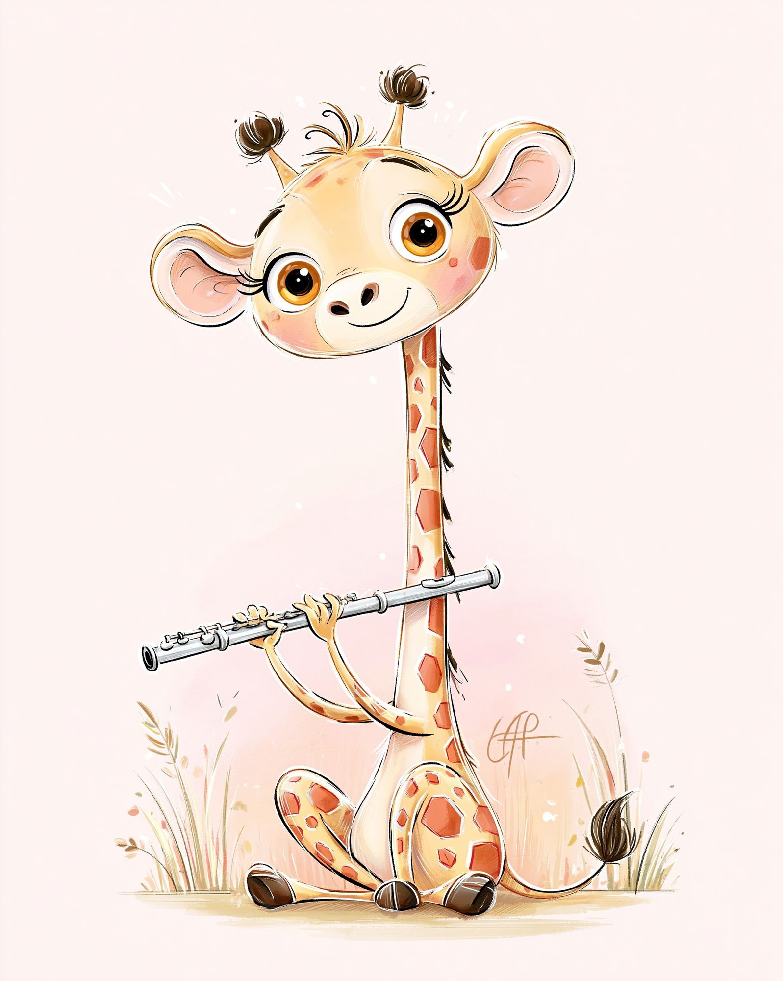 Cute Giraffe Flute Illustration Poster. poster — kids art