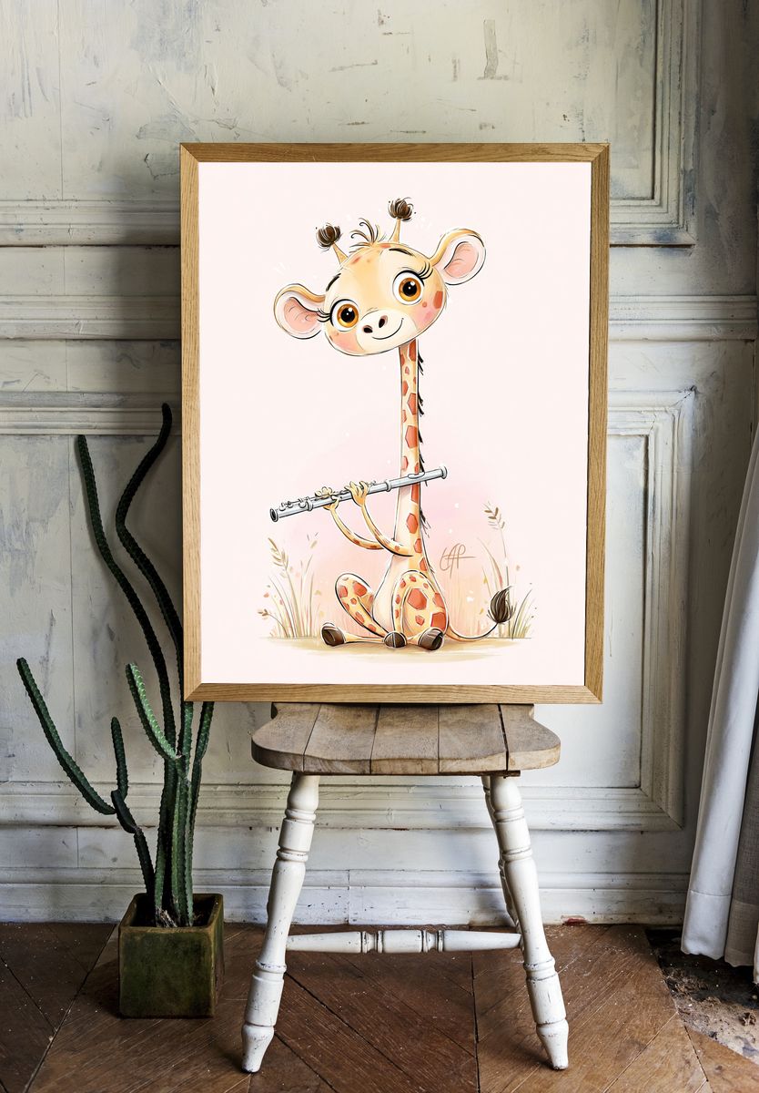 Cute Giraffe Flute Illustration Poster. — room view 1
