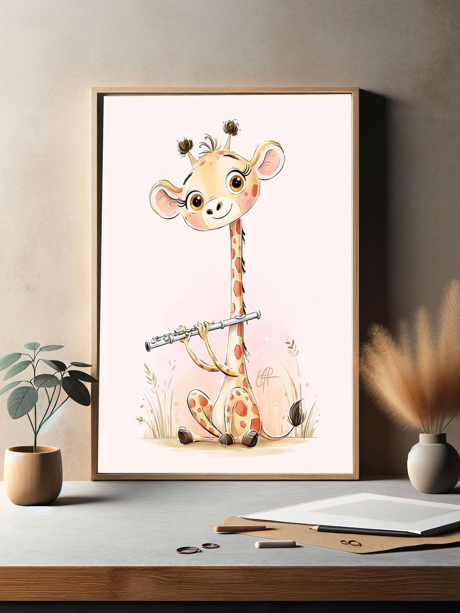 Cute Giraffe Flute Illustration Poster. — room view 2