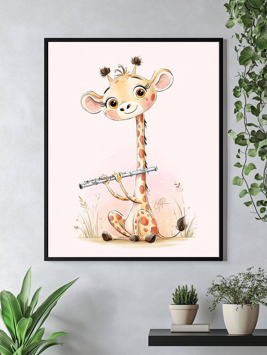 Cute Giraffe Flute Illustration Poster. — room view 4