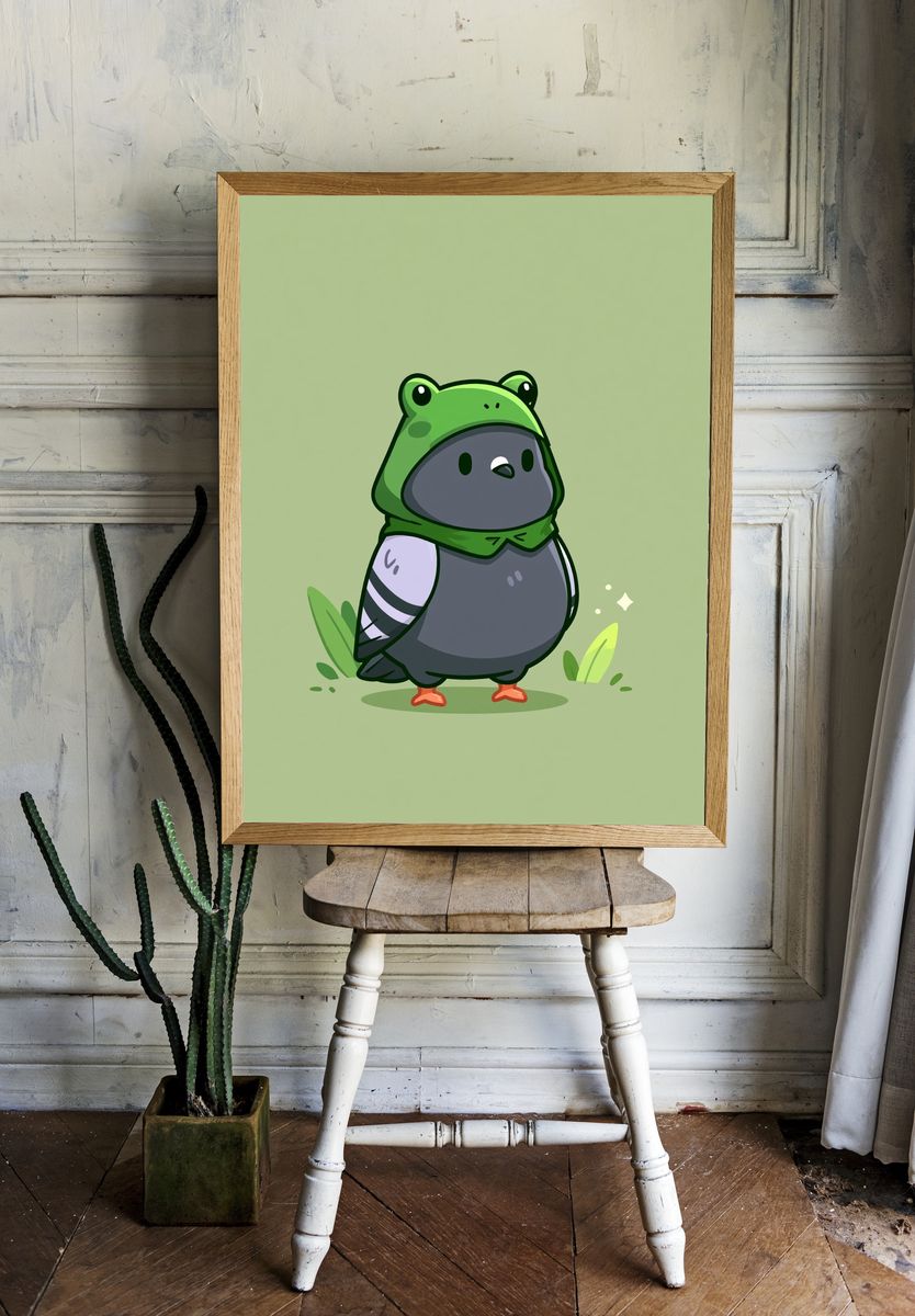 Cute Bird in Frog Hoodie Print. room preview