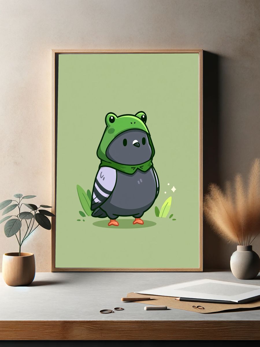 Cute Bird in Frog Hoodie Print. — room view 2