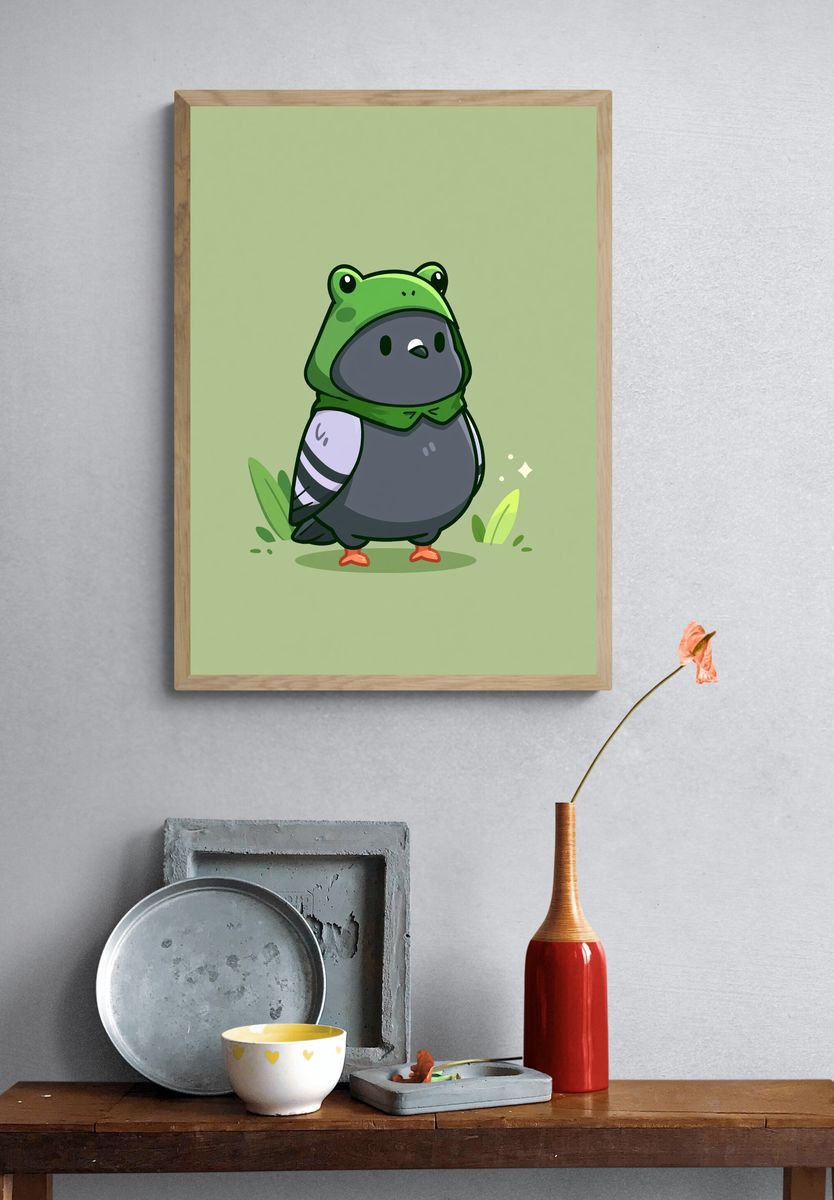 Cute Bird in Frog Hoodie Print. — room view 3