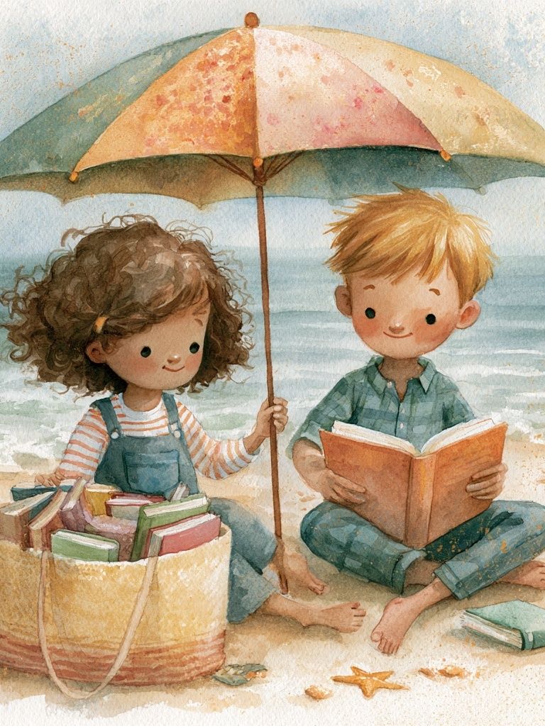 Beach Reading Kids Watercolor Print. poster detail