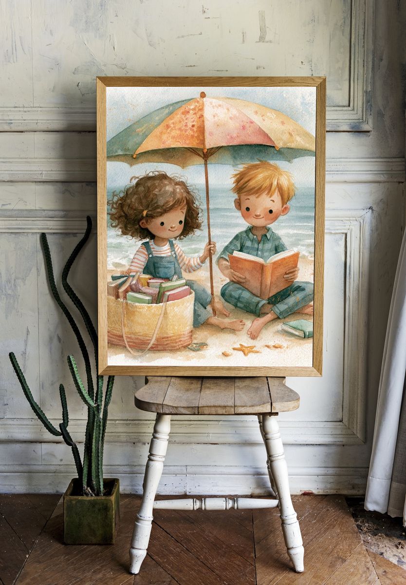 Beach Reading Kids Watercolor Print. room preview