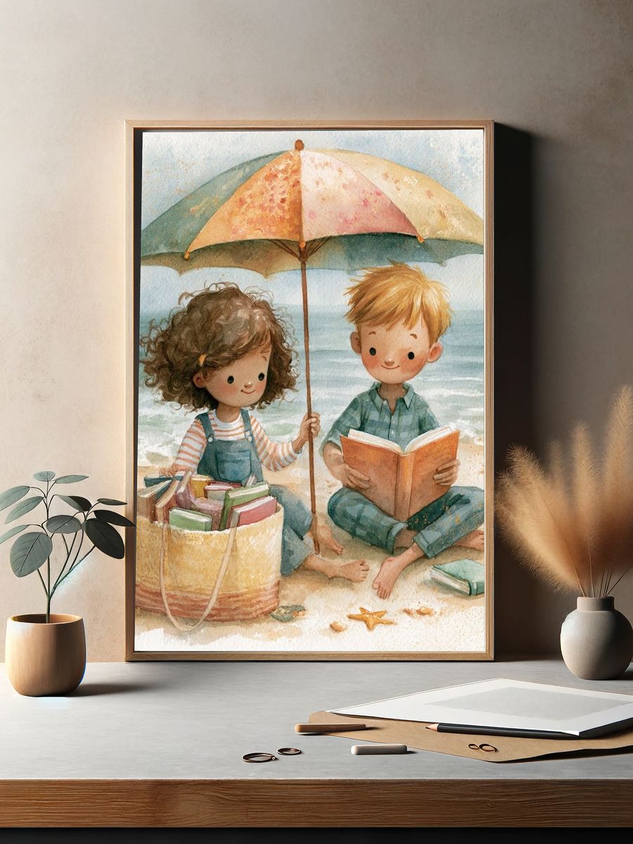 Beach Reading Kids Watercolor Print. — room view 2
