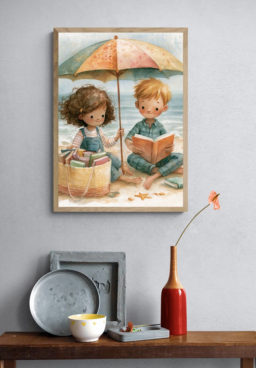 Beach Reading Kids Watercolor Print. — room view 3