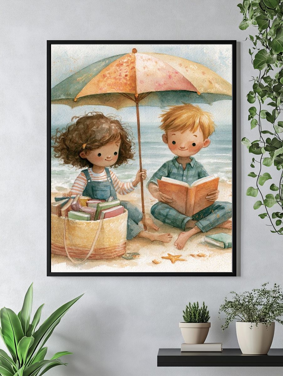 Beach Reading Kids Watercolor Print. — room view 4
