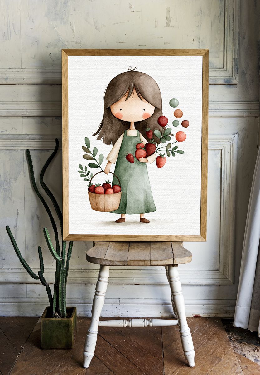 Strawberry Girl Watercolor Print. room preview
