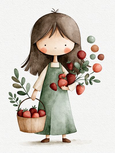 Strawberry Girl Watercolor Print.