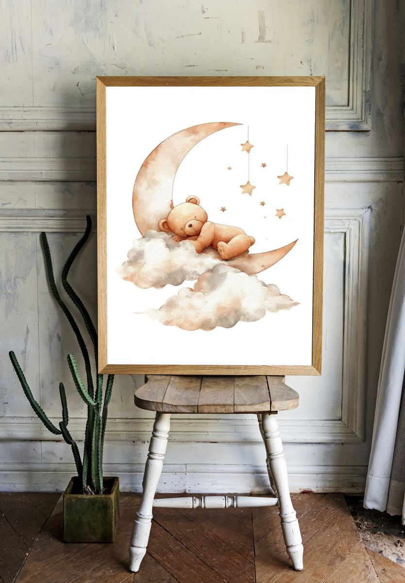 Sleeping Teddy Moon Nursery Print. room preview