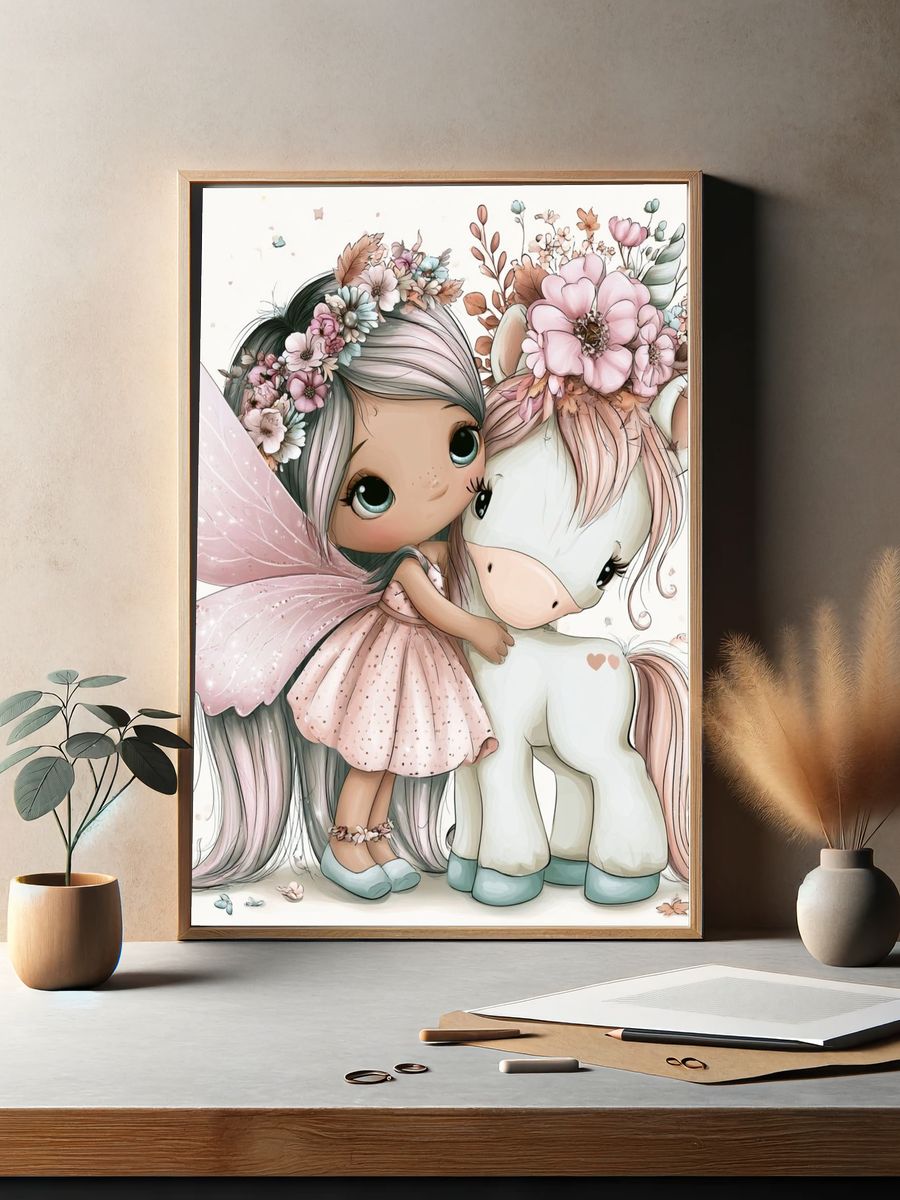 Fairy Girl and Unicorn Illustration Poster. — room view 2