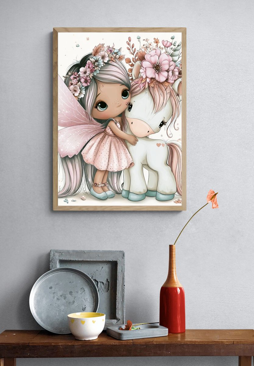 Fairy Girl and Unicorn Illustration Poster. — room view 3