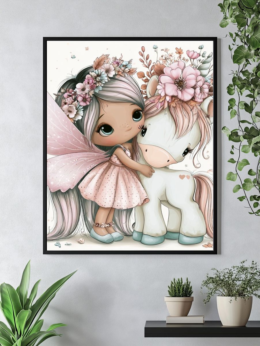 Fairy Girl and Unicorn Illustration Poster. — room view 4