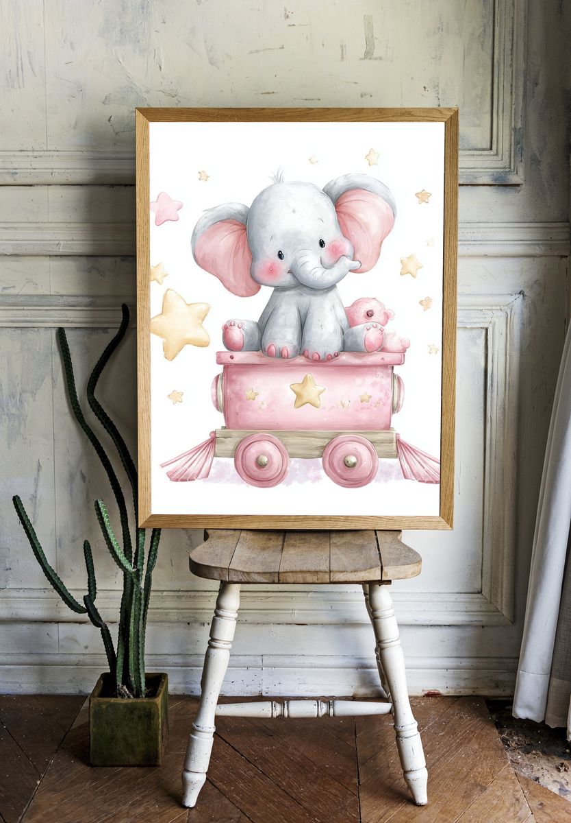 Cute Elephant on Toy Train — Kids Print room preview