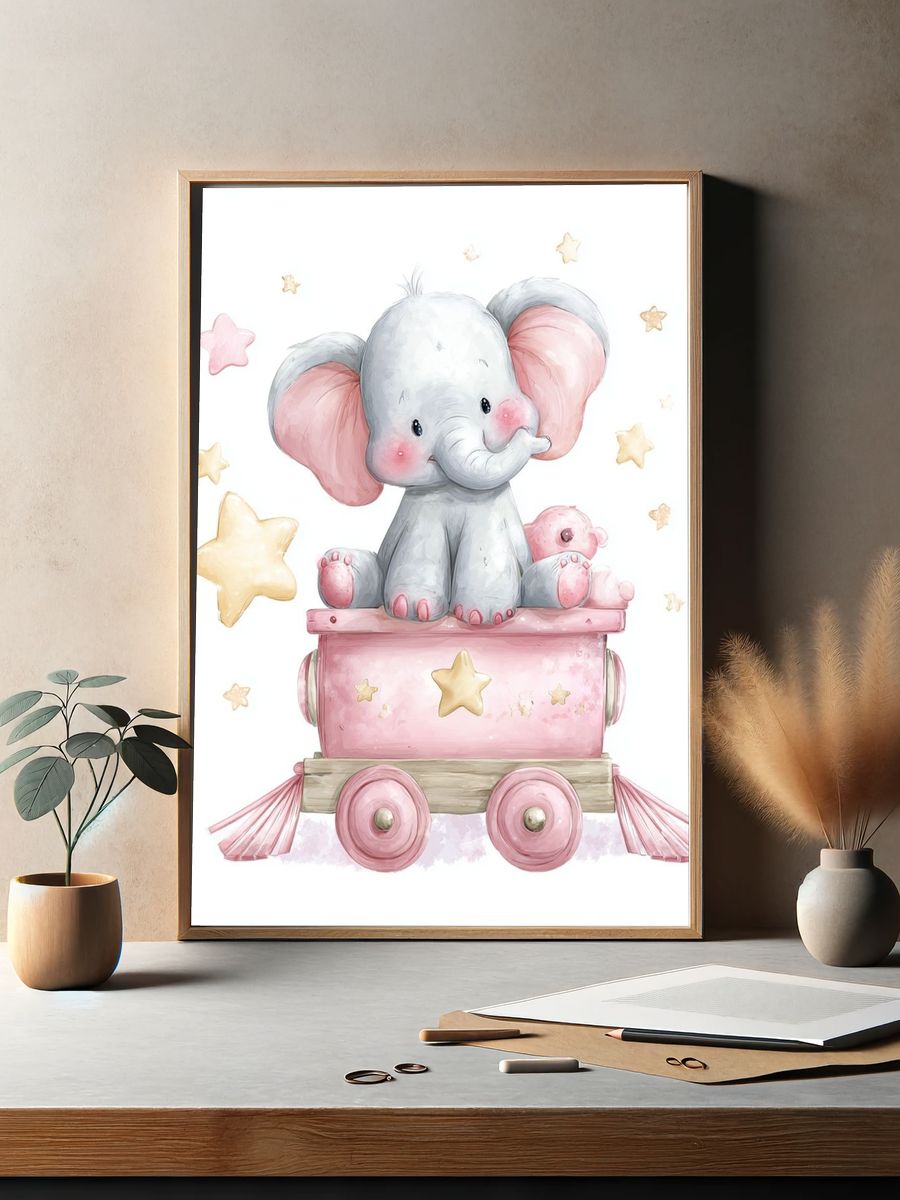 Cute Elephant on Toy Train — Kids Print. — room view 2