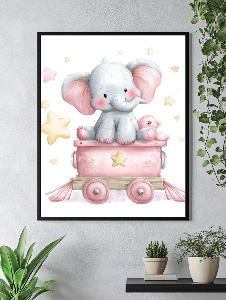 Cute Elephant on Toy Train — Kids Print. — room view 4