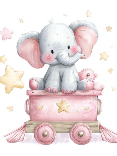 Cute Elephant on Toy Train — Kids Print