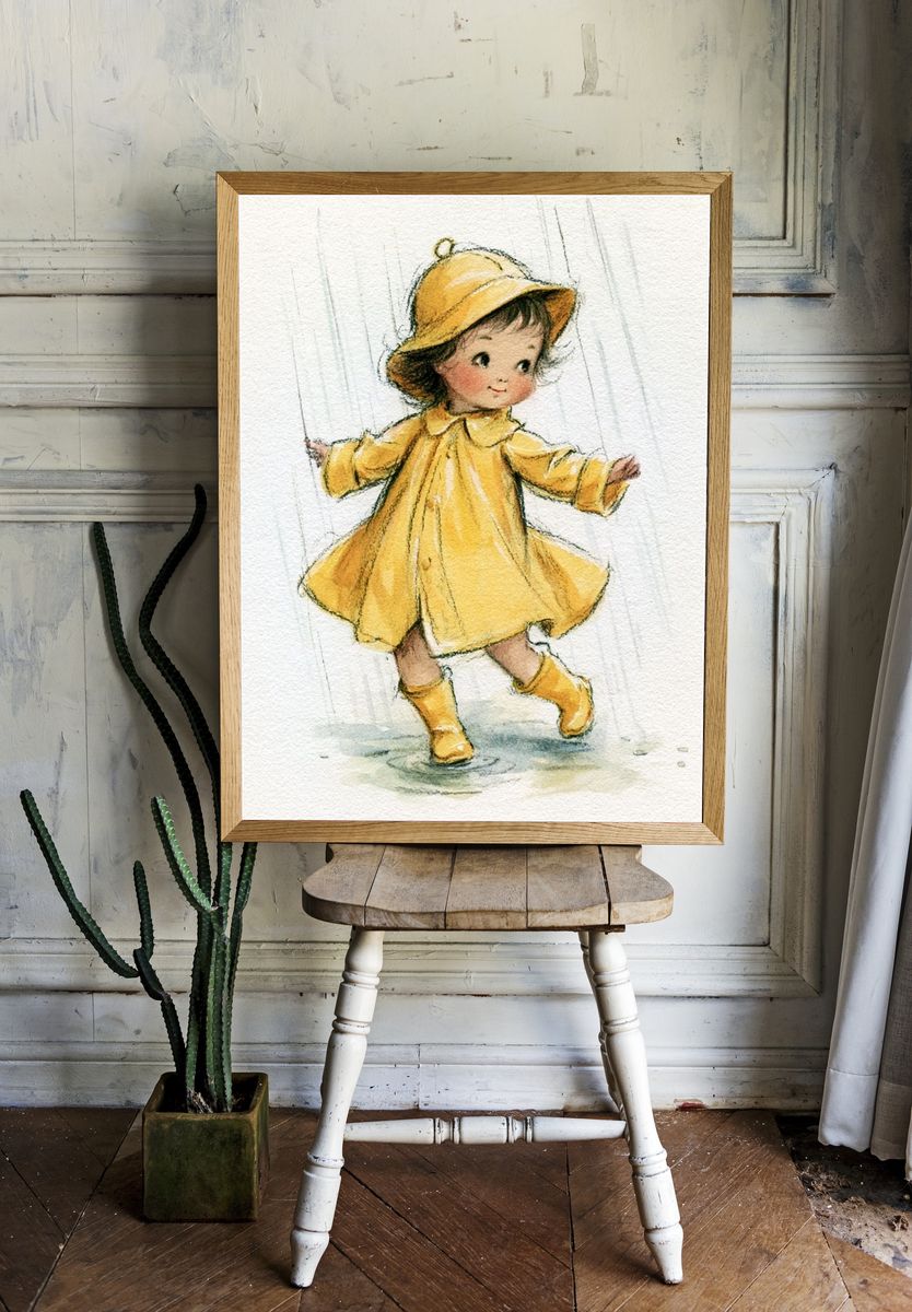 Little Girl in Yellow Raincoat Poster. — room view 1