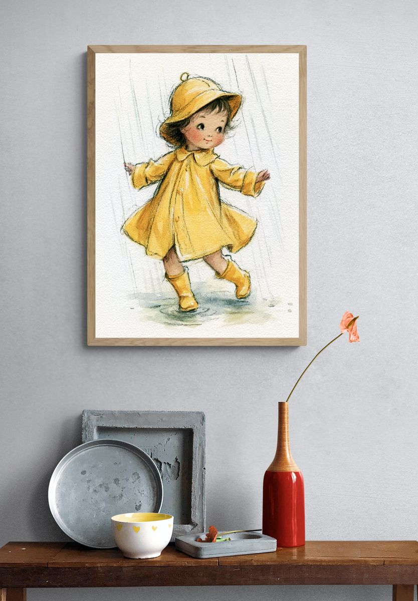 Little Girl in Yellow Raincoat Poster. — room view 3