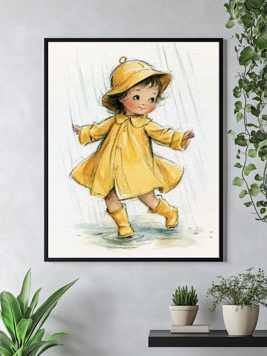 Little Girl in Yellow Raincoat Poster. — room view 4