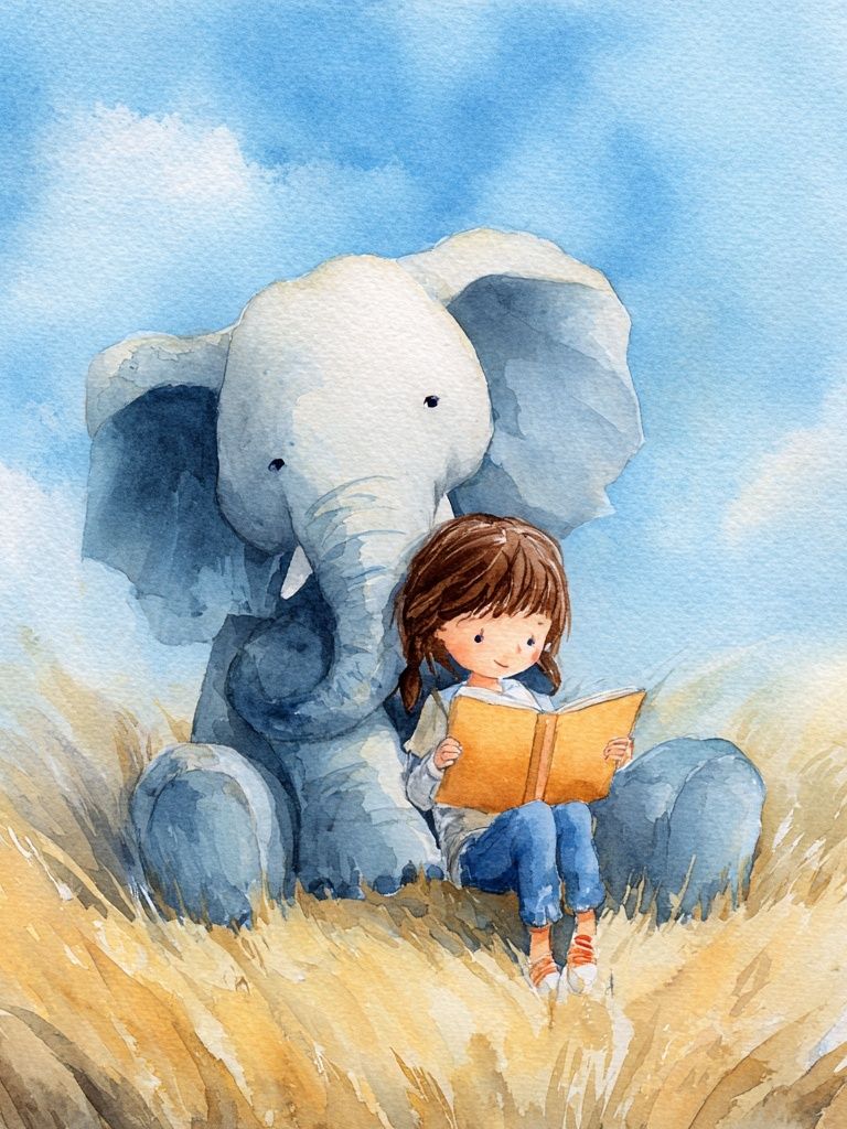 Girl Reading with Elephant — Watercolor Print. poster — kids art