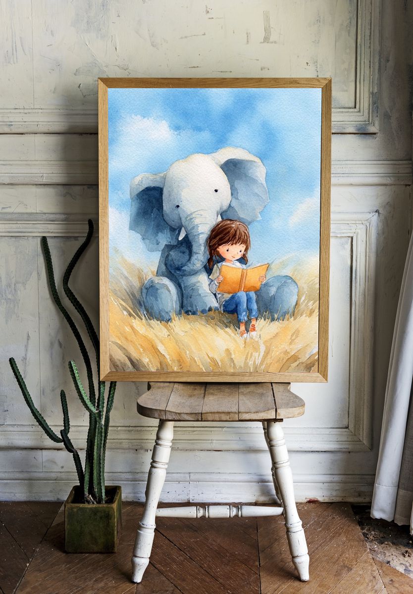 Girl Reading with Elephant — Watercolor Print room preview