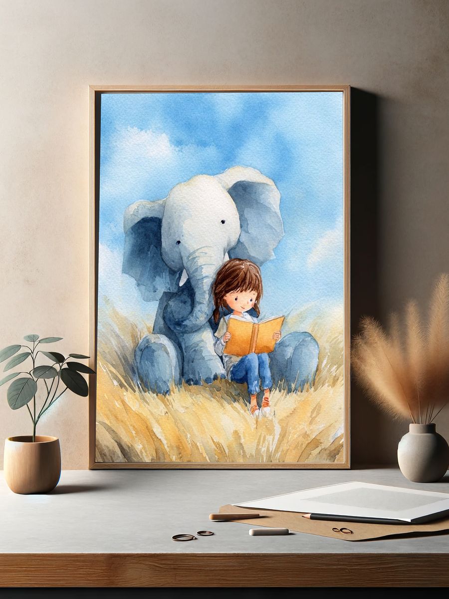 Girl Reading with Elephant — Watercolor Print. — room view 2