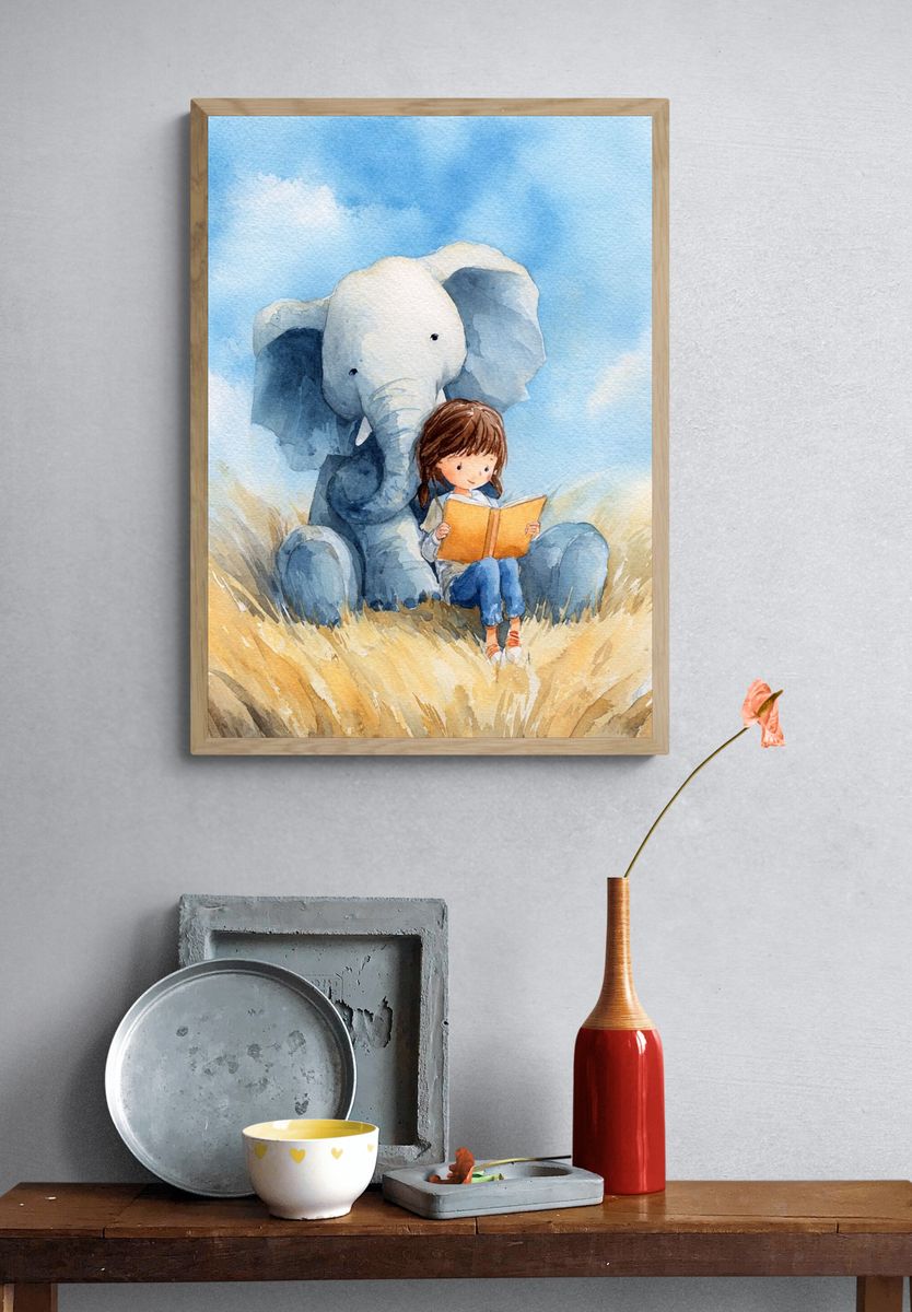 Girl Reading with Elephant — Watercolor Print. — room view 3