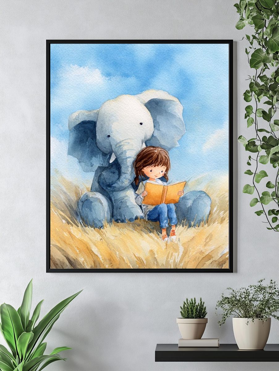 Girl Reading with Elephant — Watercolor Print. — room view 4