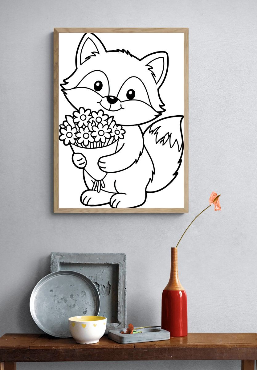 Cute Fox with Flowers Print. — room view 3