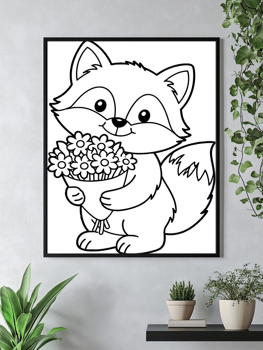 Cute Fox with Flowers Print. — room view 4