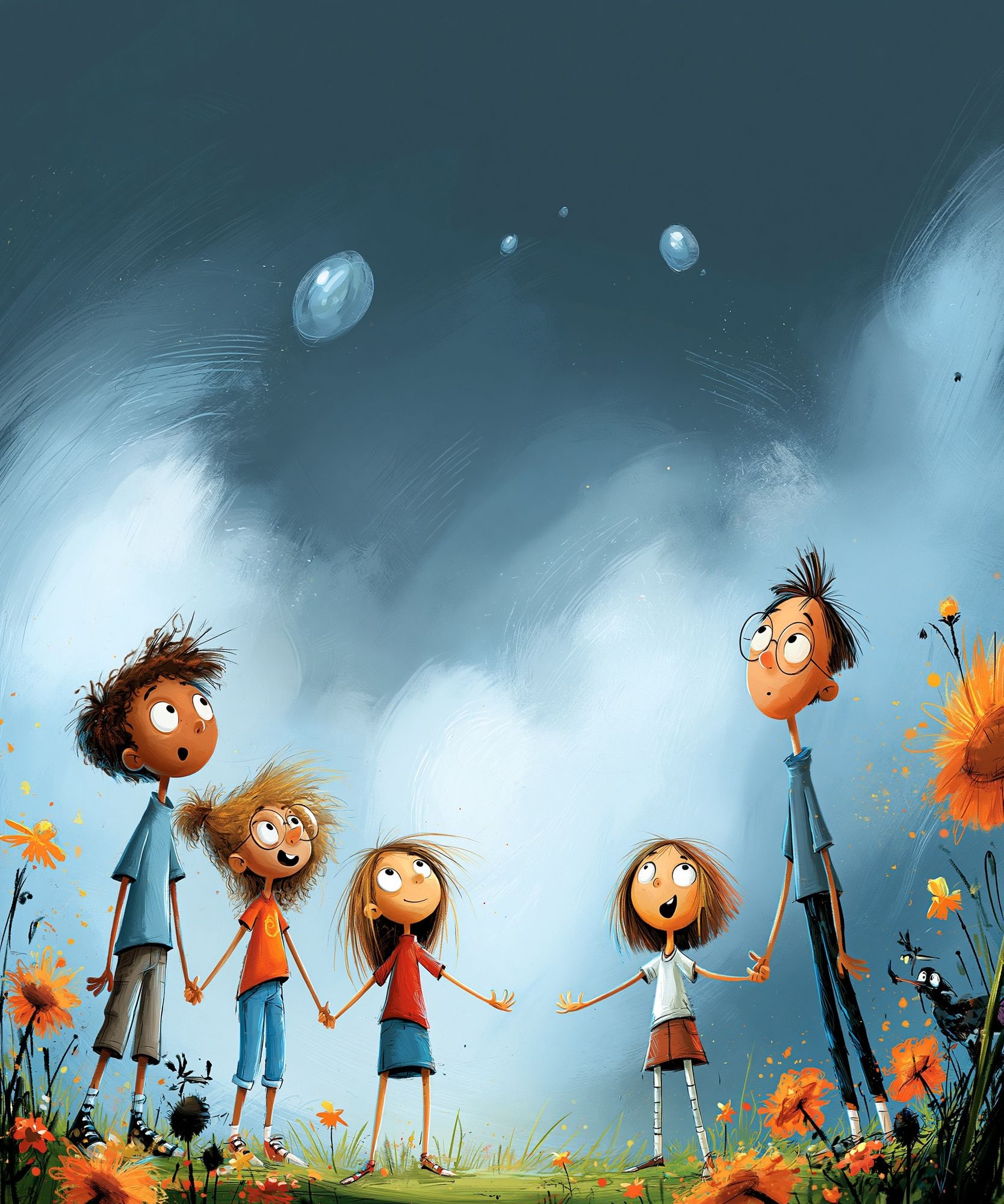 Whimsical Children Under the Sky Poster. poster detail