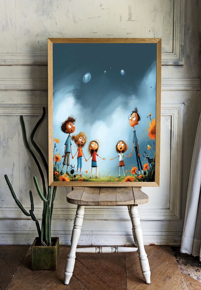 Whimsical Children Under the Sky Poster. room preview
