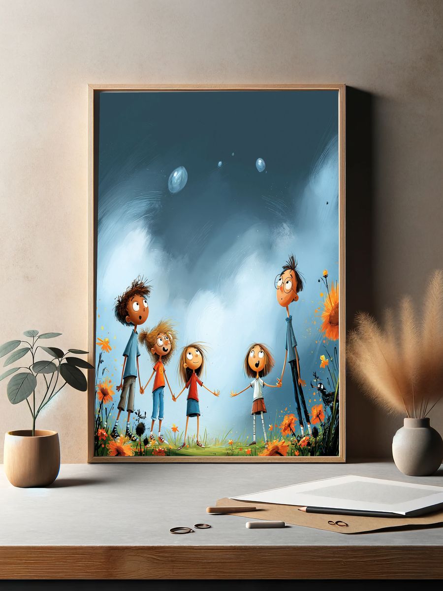 Whimsical Children Under the Sky Poster. — room view 2