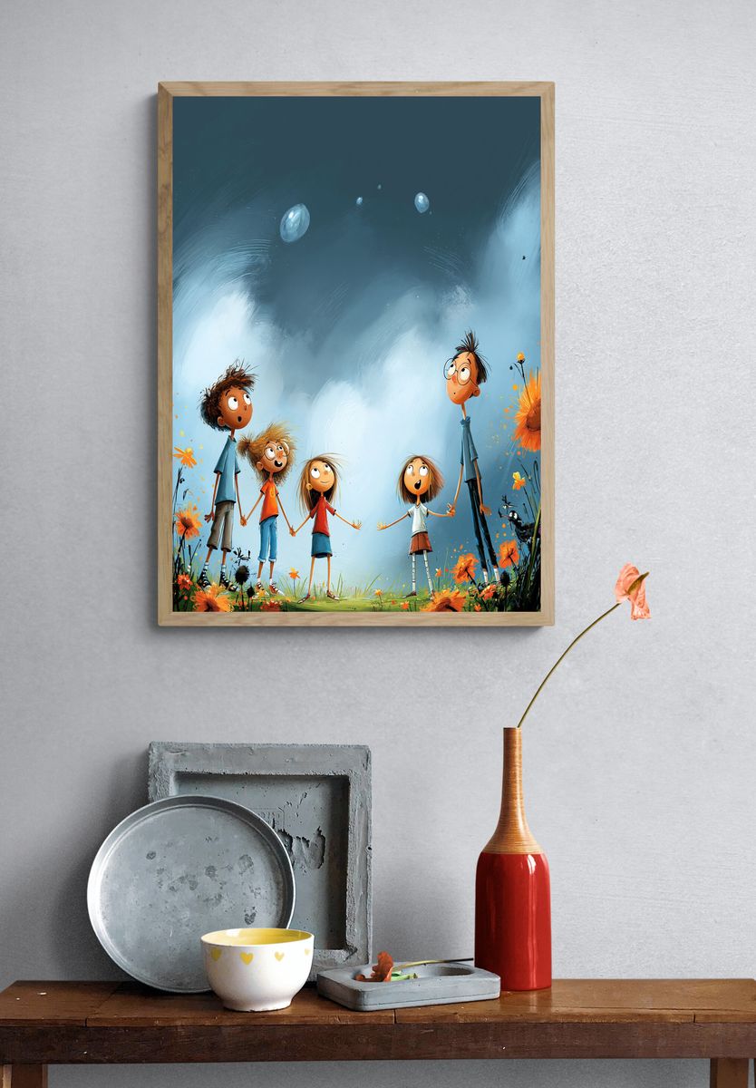 Whimsical Children Under the Sky Poster. — room view 3