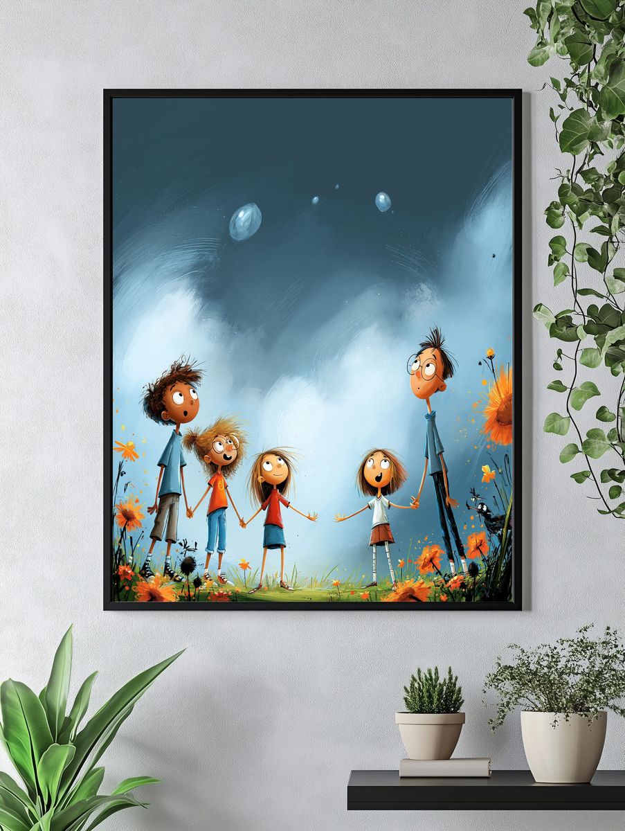 Whimsical Children Under the Sky Poster. — room view 4