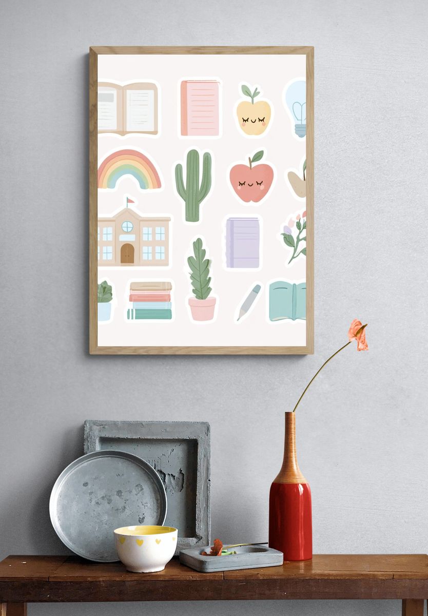 Pastel School Supplies Illustration Poster. — room view 3