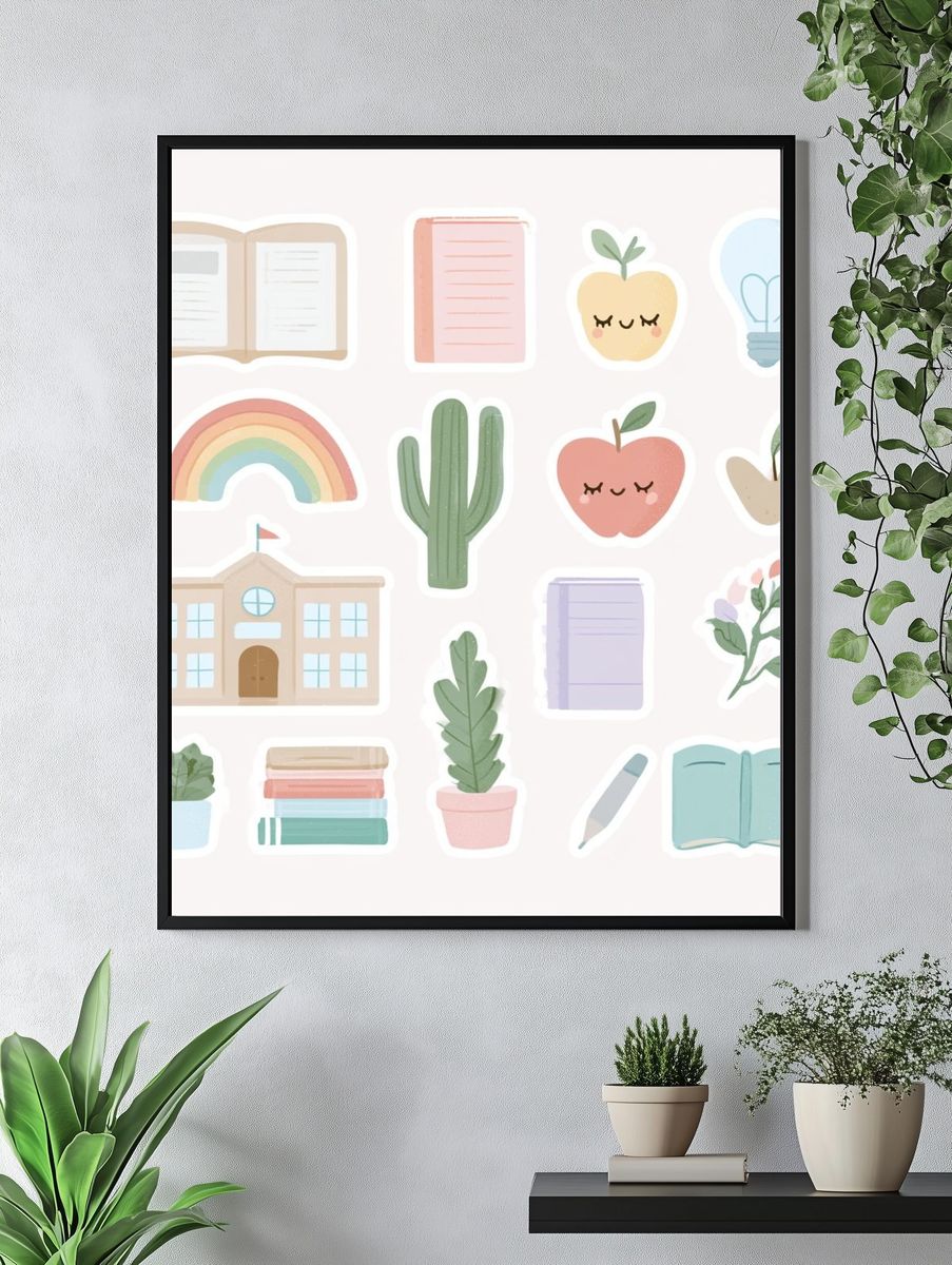 Pastel School Supplies Illustration Poster. — room view 4