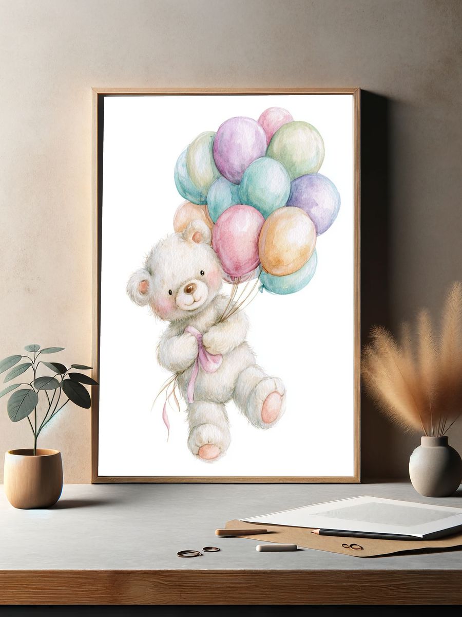 Teddy Bear Balloons Watercolor Print. — room view 2