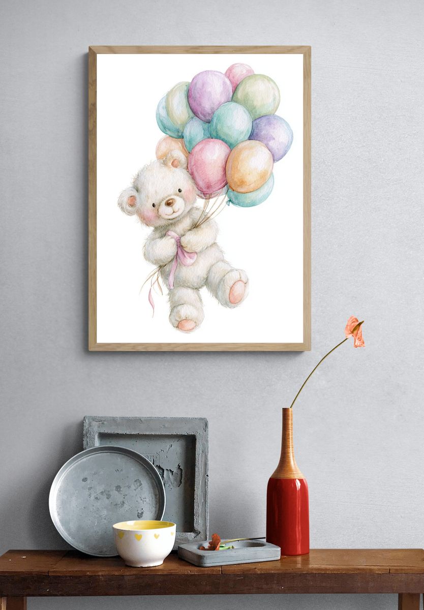 Teddy Bear Balloons Watercolor Print. — room view 3