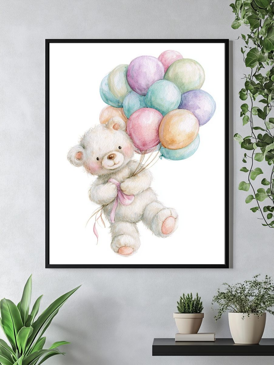 Teddy Bear Balloons Watercolor Print. — room view 4