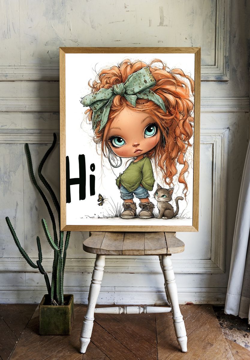Cute Girl and Cat Typography Poster. room preview
